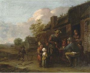 Children Playing And Singing Before Peasants In Front Of A House by Cornelis Pietersz Bega
