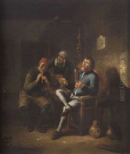Figures Seated In A Tavern Interior, One Holding A Glass Of Beer, The Other Playing A Recorder Attended By A Serving Woman by Cornelis Pietersz Bega