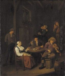 The Interior Of A Tavern With A Fiddler And Peasants Drinking And Dancing by Cornelis Pietersz Bega