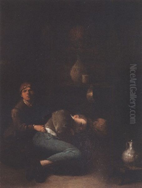Young Vagabonds In A Barn At Night - view 1