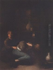 Young Vagabonds In A Barn At Night by Cornelis Pietersz Bega