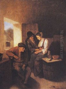 A Lady And Two Men Drinking Near A Window In An Inn by Cornelis Pietersz Bega