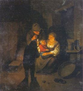 A Peasant Family In An Interior By Candlelight by Cornelis Pietersz Bega