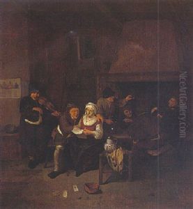 A Tavern Interior With A Fiddler And Peasants Singing And Merrymaking by Cornelis Pietersz Bega