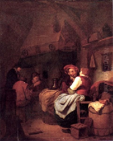 A Tavern Interior With Three Men Playing Cards And An Amorous Couple At A Table - view 1