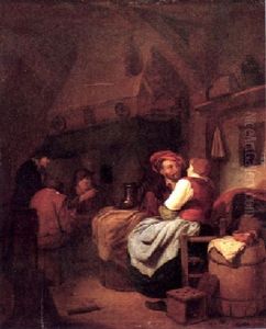 A Tavern Interior With Three Men Playing Cards And An Amorous Couple At A Table