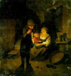 A Peasant Family In An Interior By Candelight by Cornelis Pietersz Bega