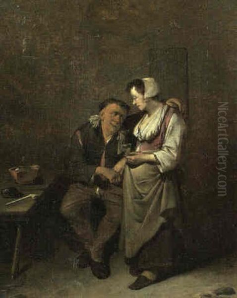 An Interior With An Amorous Couple At A Table - view 1
