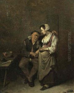 An Interior With An Amorous Couple At A Table by Cornelis Pietersz Bega