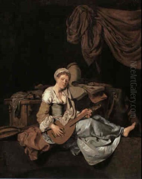 A Girl Playing A Cittern Seated In An Interior Before A Table Laden With Books And Musical Instruments - view 1