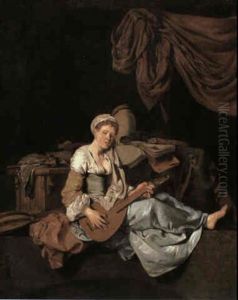 A Girl Playing A Cittern Seated In An Interior Before A Table Laden With Books And Musical Instruments by Cornelis Pietersz Bega