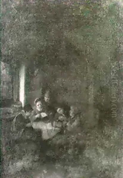 An Interior With Peasents Playing Cards At A Table - view 1