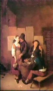 An Amorous Couple Standing Beside Two Seated Boers Smoking  Around A Barrel