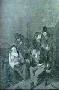 A Woman Suckling Her Child In The Company Of Conversing Peasants Gathered In An Interior by Cornelis Pietersz Bega