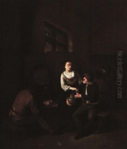 Tavern Interior With Boors Drinking, A Peasant And A Woman  Conversing
