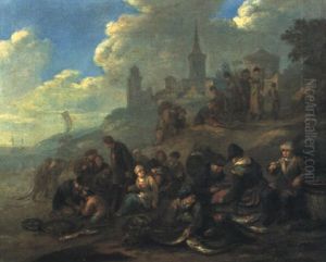 Fisherfolk With Their Catch On A Beach, A Town Beyond by Cornelis Pietersz Bega