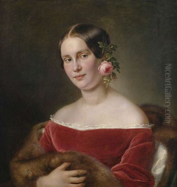 Bildnis Einer Jungen Dame In Rotem Samtkleid Und Pelzmantel Als Halbfigur. Hinter Das Ohr Hat Sie Sich Eine Rose Gesteckt - view 1