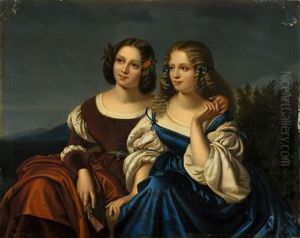 Zwei Junge Damen Vor Landschaft Zwei Junge Damen Vor Landschaft