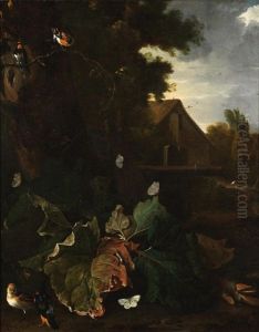 A Forest Floor Still Life With A Chaffinch, Swallow And Other Birds, Before A Farmhouse by Abraham Jansz. Begeyn