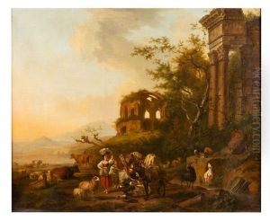 Reunion De Paysans Dans La Campagne Italienne by Abraham Jansz. Begeyn