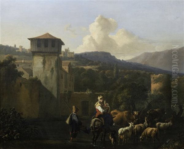 A Drover And His Flock Fording A Stream Before A Walled Town - view 1