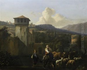 A Drover And His Flock Fording A Stream Before A Walled Town