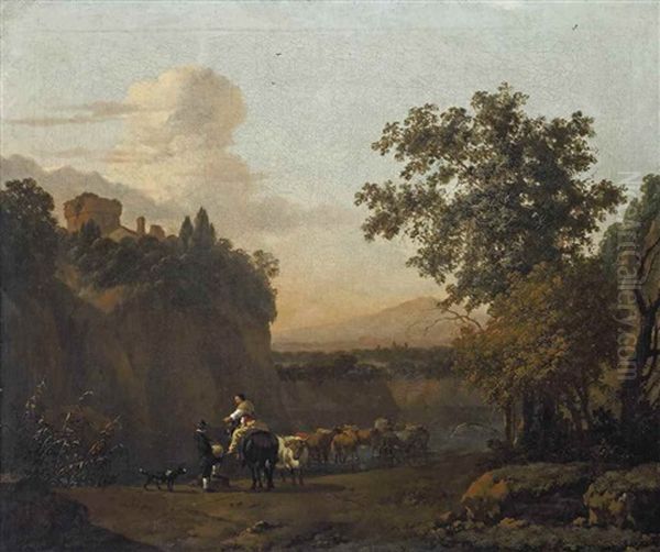 An Italianate Landscape With Figures Conversing And Watering Their Cattle At A Mountainside - view 1