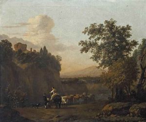 An Italianate Landscape With Figures Conversing And Watering Their Cattle At A Mountainside