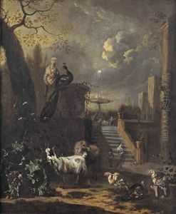 An Italianate Park Landscape With A Peacock, Goats And Turkeys, And With Elegant Figures Near A Fountain Beyond
