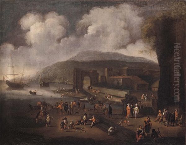 Idealisierte Italienische Kustenlandschaft Mit Reicher Figurenstaffage - view 1