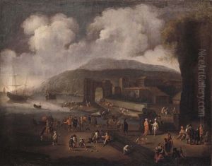 Idealisierte Italienische Kustenlandschaft Mit Reicher Figurenstaffage by Abraham Jansz. Begeyn
