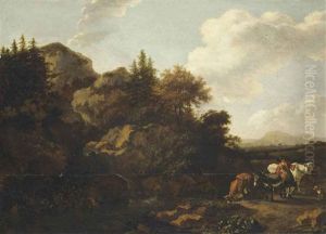 A Mountainous Wooded River Landscape With A Drover And His Herd by Abraham Jansz. Begeyn