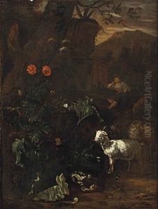 A Shepherdess Resting With Goats In An Italianate Landscape by Abraham Jansz. Begeyn