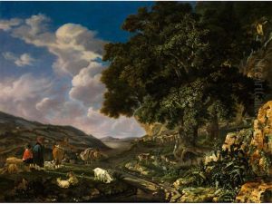 Landschaft Mit Grossem Eichenbaum Sowie Hirten Mit Schafen Und Ziegen