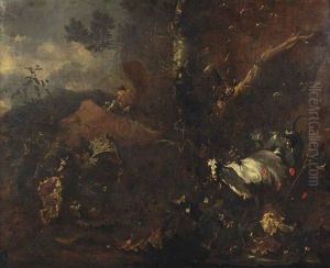 A Forest Landscape With A Goatherd Resting With His Flock