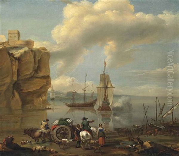 A Coastal Landscape With A Horseman, A Wagoner, Stevedores, And Drovers With Their Herd, Three-masters Beyond - view 1