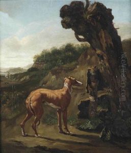 A Greyhound By A Willow In A Landscape