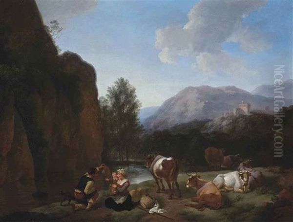 A Mountainous River Landscape With A Drover And His Family At Rest With Cattle, A Hilltop Town Beyond - view 1