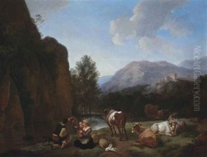 A Mountainous River Landscape With A Drover And His Family At Rest With Cattle, A Hilltop Town Beyond by Abraham Jansz. Begeyn