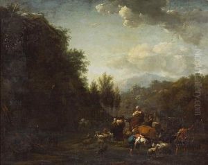 An Extensive Landscape With Drovers And Other Figures With Sheep, Cattle And Goats By A Stream An Extensive Landscape With Drovers And Other Figures With Sheep, Cattle And Goats By A Stream
