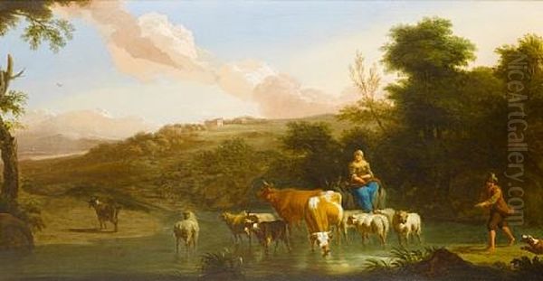 Shepherds Grazing Their Cattle Before An Open Italianate Landscape - view 1