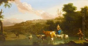 Shepherds Grazing Their Cattle Before An Open Italianate Landscape by Abraham Jansz. Begeyn