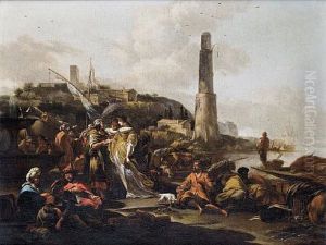 Figures On A Shore Listening To A Fortune Teller, A Mediterranean City In The Distance