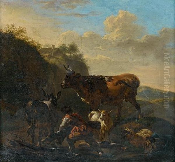 A Figure Collecting Wood With A Donkey, Sheep And Cattle In A Landscape - view 1