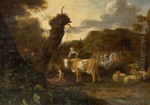 Zwei Bauerinnen Mit Einem Kind, Zwei Esel, Einer Kuh Und Schafen In Einer Landschaft by Abraham Jansz. Begeyn