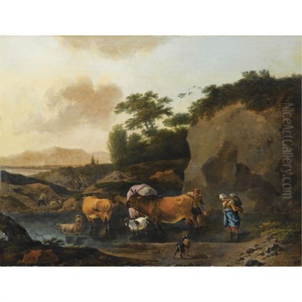 An Italianate Landscape With A Shepherd's Family Crossing A Stream With Their Herd, A Dog In The Foreground - view 1