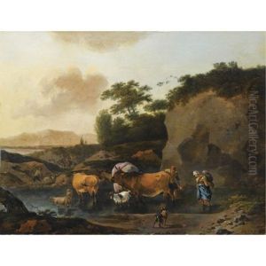 An Italianate Landscape With A Shepherd's Family Crossing A Stream With Their Herd, A Dog In The Foreground by Abraham Jansz. Begeyn