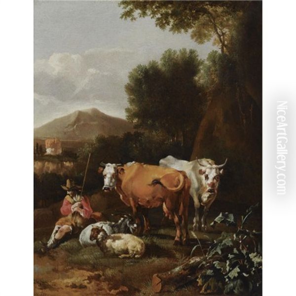 An Italianate Landscape With A Herdsman And His Cattle Resting Near A Tree - view 1