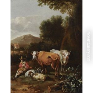 An Italianate Landscape With A Herdsman And His Cattle Resting Near A Tree by Abraham Jansz. Begeyn