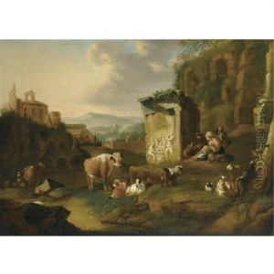 An Italianate Landscape With Cattle And Peasants Beside Roman Ruins by Abraham Jansz. Begeyn